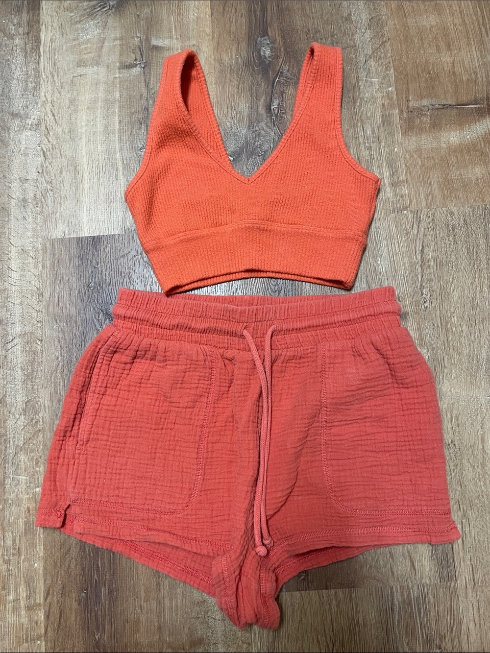 Z Supply Orange Ribbed Crop Top & Gauze Lounge Shorts Set